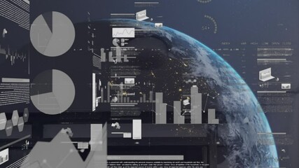 Poster - Animation of data processing with globe over warehouse