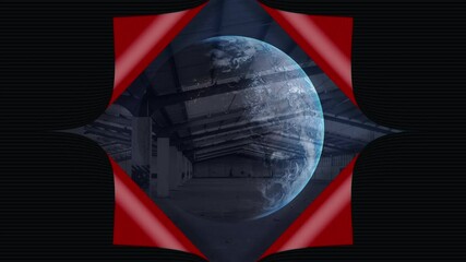 Poster - Animation of red screen revealing globe over warehouse