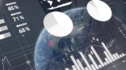 Poster - Animation of statistics, data processing with globe over warehouse