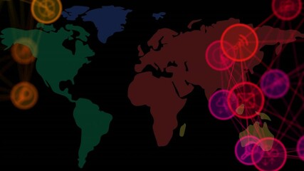 Poster - Animation of network of connected media icons moving over world map