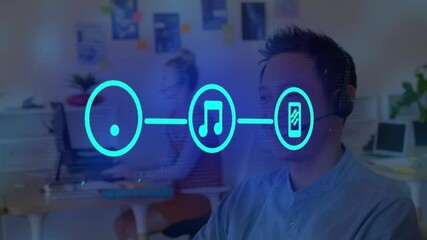 Poster - Animation of three connected blue media icons over man in office wearing headset using computer