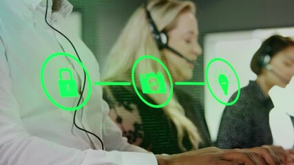 Poster - Animation of three connected green media icons over staff in office using headsets and computers