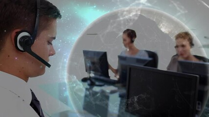 Poster - Animation of network of connections with globe over business people using phone headsets
