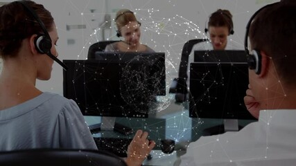Poster - Animation of network of connections with globe over business people using phone headsets