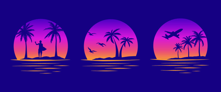 Beaches, palms and surfing. Miami California Hawaii design. 80s Old school tattoo vector art. Gradient Sunsets with sillhouettes | Vector Graphics for apparel t-shirt	
