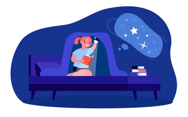 Wall Mural - Cute little girl reading books in bed under blanket. Child reading about space with flashlight at night flat vector illustration. Leisure, bedtime concept for banner, website design or landing page