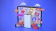© jayaZgraphics - Online marketing concept with social media communication platform. smartphone with emoji, comment, chat bubbles, like and social media icons. 3d render illustration