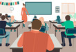 © Alina Futura - Students sitting in classroom and listen to the lecture of teacher. Lesson time. Back to school. Editable vector illustration