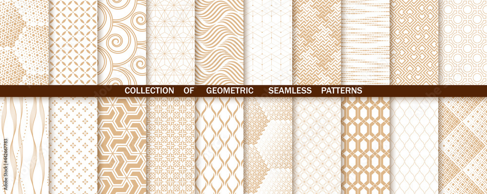 Geometric set of seamless gold and white patterns. Simple vector graphics - obrazy, fototapety, plakaty 