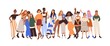 Group of happy diverse women with different skin color, figure types, height and race. Concept of body positivity and beauty in diversity. Flat vector illustration isolated on white background
