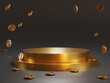 Minimal round golden color blank podium with dark background and us dollar coins for showing product presentation , 3D rendering technical concept.
