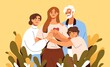 © Good Studio - Concept of family support and care. Love and trust between woman and her parents. Happy mother, father, daughter and son hugging and holding hands together. Colored flat vector illustration