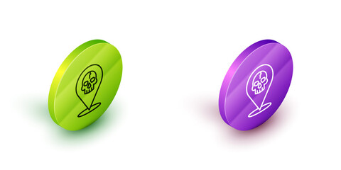 Poster - Isometric line Location pirate icon isolated on white background. Green and purple circle buttons. Vector