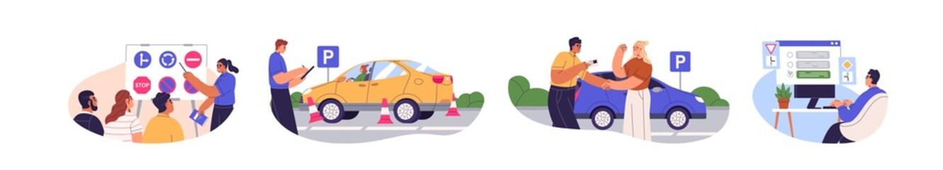 Poster - Stages of education process in driving school. Scenes of learning at lesson, passing computer test and exam with instructor, receiving car driver's license. Flat vector illustration isolated on white