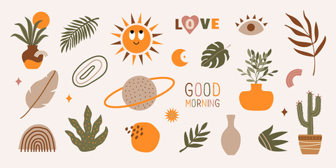 Poster - Modern set of hand drawn various shapes, phrases, plants, tropical elements and doodle objects. Abstract contemporary trendy vector design in boho style	