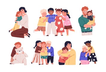 Poster - Set of warm hugs between kids, parents and little friends. Happy child embracing mother, father and other diverse children with love. Colored flat vector illustration isolated on white background