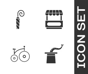 Sticker - Set Magician hat, Birthday party horn, Vintage bicycle and Fast street food cart icon. Vector