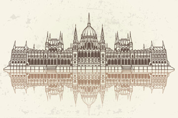Fototapete - Vector sketch of Hungarian Parliament Building. Budapest, Hungary.