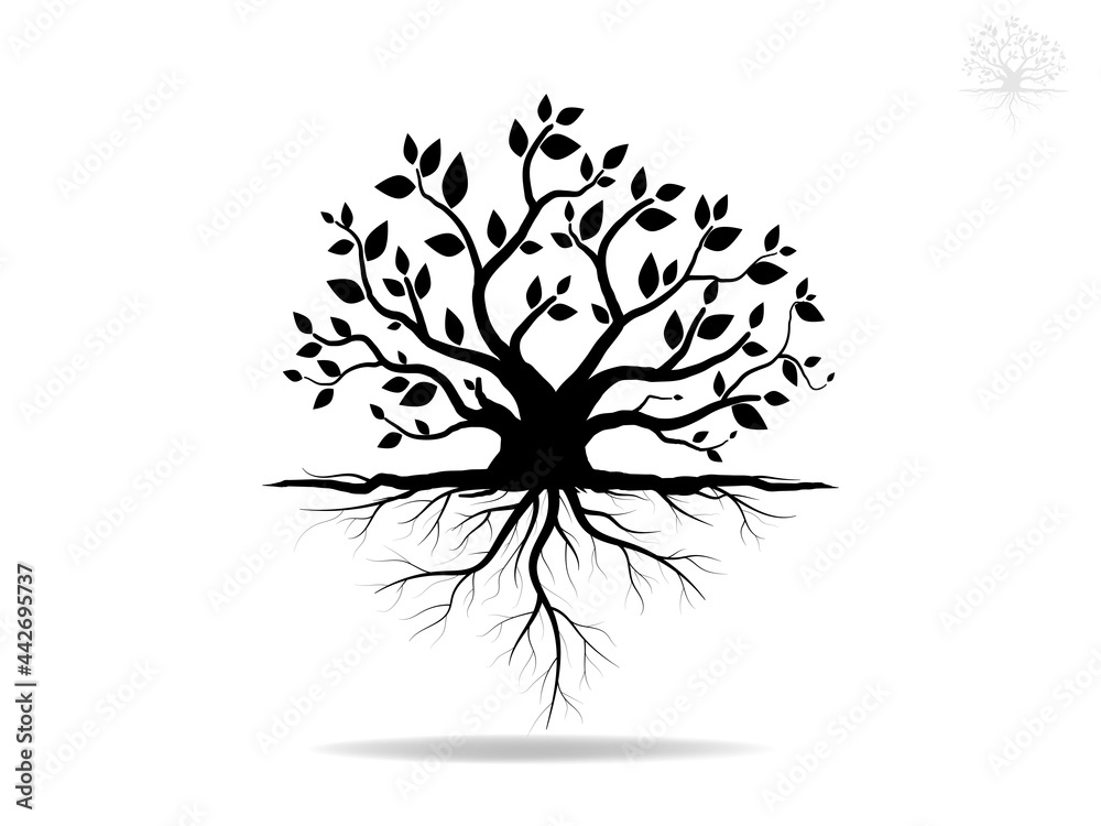 Tree and root silhouette isolated on white background. Tree and roots ...