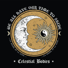 Mystical Drawing: Sun And Moon Vintage Retro Style Graphic. Print, T-shirt, Card, Tattoo. Celestial Bodies Slogan Design Graphic.