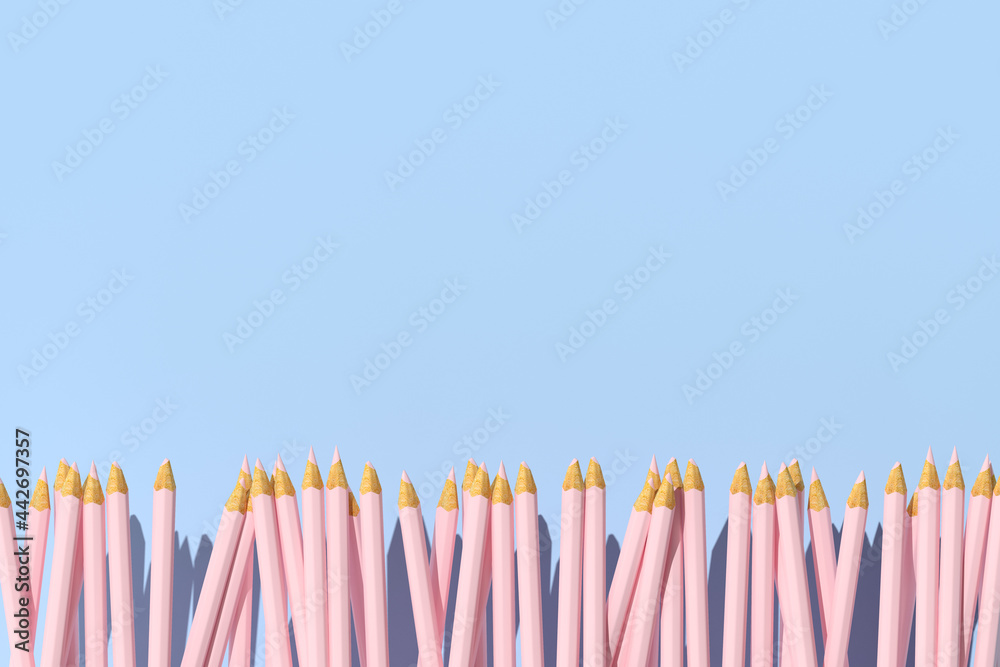 3d rendering of pink pencils on a blue background, Minimal concept, Back to school. - obrazy, fototapety, plakaty 