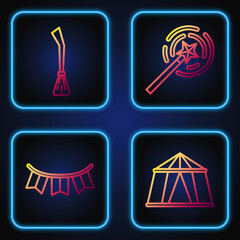 Sticker - Set line Circus tent, Carnival garland with flags, Witches broom and Magic wand. Gradient color icons. Vector