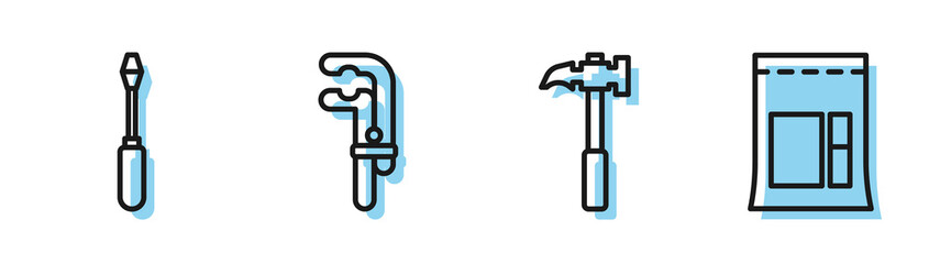 Set line Claw hammer, Screwdriver, Clamp tool and Cement bag icon. Vector