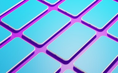 Poster - Smartphones with pink screen on yellow background, seamless pattern. Mock up cell phone with white frame and blank display. Hi-tech production line, mobile devices on conveyor belt, 3d illustration