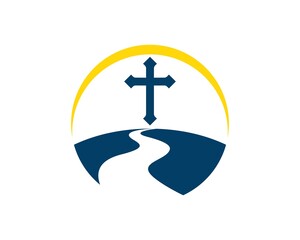 Poster - Land with road to religion cross symbol and yellow swoosh