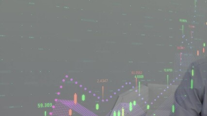 Poster - Animation of financial data processing over businesswoman using phone headset