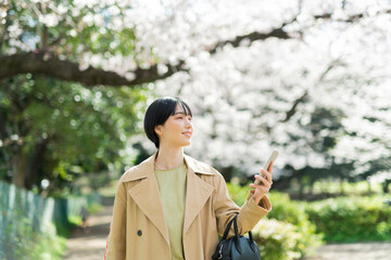 Wall Mural - 通勤中に桜を見る女性