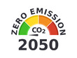 Zero emission by 2050. Carbon neutral. Gauge arrow set to zero. Net zero greenhouse gas emissions objective. Climate neutral long term strategy. No toxic gases. Vector illustration, flat, clip art.