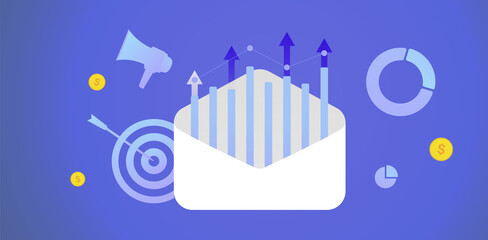 Poster - Email Marketing Campaign concept. Drip e-marketing, ecommerce subscription rate. Reaching target audience with e-mail click-through-rate letter. Inbound, Outbound Digital Business Strategy Advertise