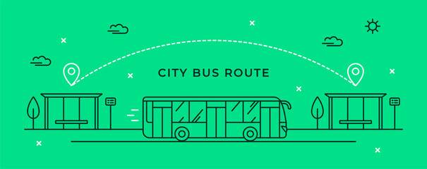 Vector illustration with a moving city bus side view. Public transport route. Bus stop linear icon. Stylish minimalistic web banner.
