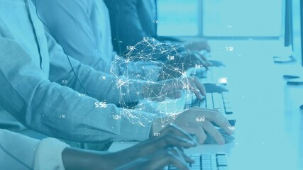 Poster - Globe of network of connections against team of customer care executives working at office