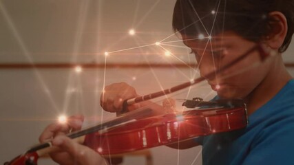 Canvas Print - Animation of network of connections over schoolboy playing with violin