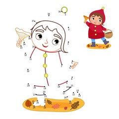 Educational game for kids. Dot to dot game for children. Illustration of cute girl with a basket of mushrooms
