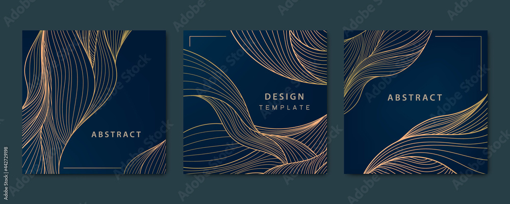 Vector set of abstract luxury golden square cards, post templates for social net, wavy line art background. Art Deco Pattern, texture for print, fabric, packaging design. - obrazy, fototapety, plakaty 