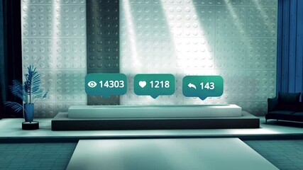 Poster - Growing numbers of views, likes, and shares, concept of social media and online information absorption. Motion. Blue social net icons on the pedestal under spotlights.