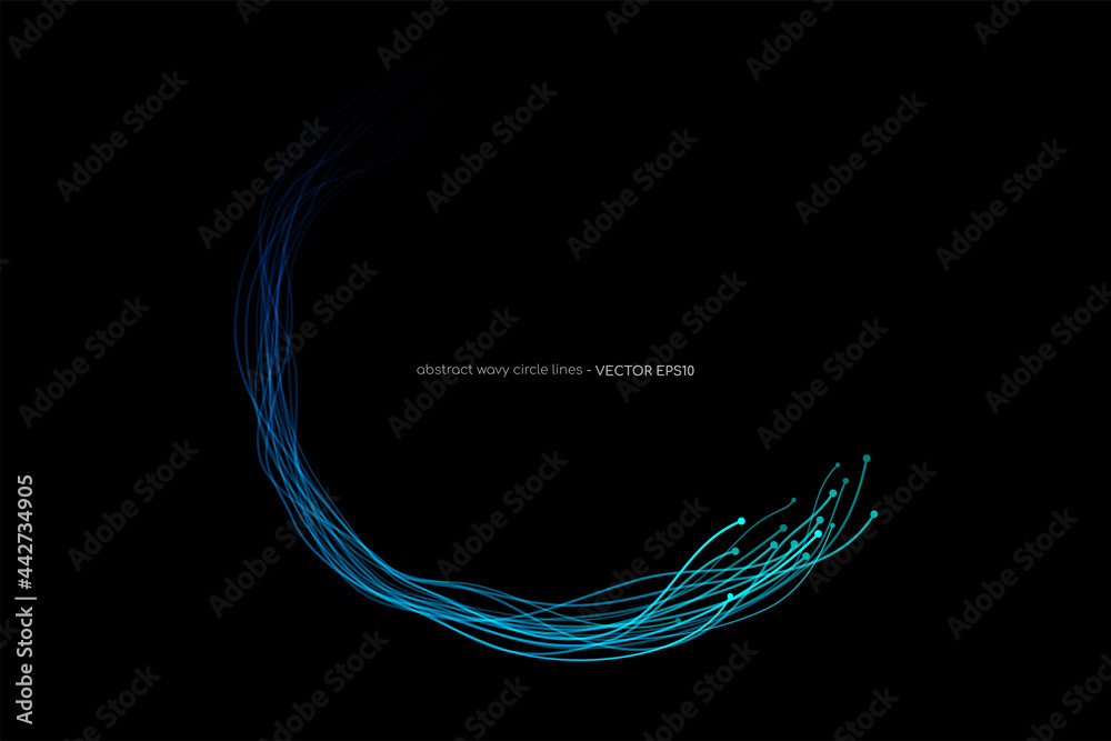 Abstract wavy dynamic blue light lines circle round curve shape isolated on black background in concept technology, neural network, neurology, science. - obrazy, fototapety, plakaty 