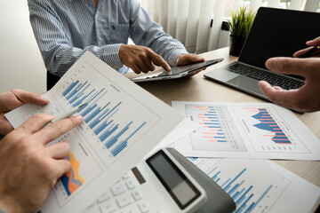 Fototapete - Business casual team are presenting and discussing company growth project success financial statistics, professional investor working start up project for strategy plan with document