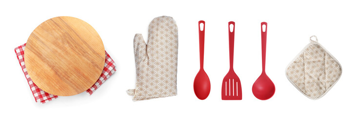 Poster - Set with different kitchen utensils and oven glove on white background, top view. Banner design