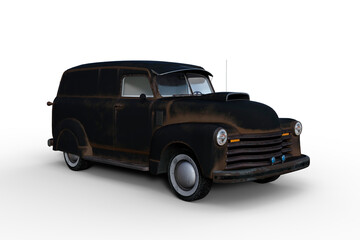 Poster - 3D rendering of an old black retro American panel van isolated on white background.