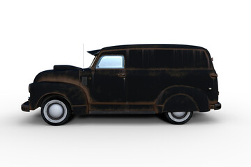 Poster - Side view 3D rendering of an old black retro American panel van isolated on white background.