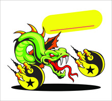 The Yellow Green Dragon Stuck Out A Red Tongue With Fireballs On Both Legs. Dragon Cartoon Vector Illustration