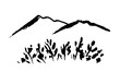 Simple freehand vector drawing, charcoal pencil. Silhouette of mountains, vegetation, wildlife and landscape. For postcard prints, tourism and travel.