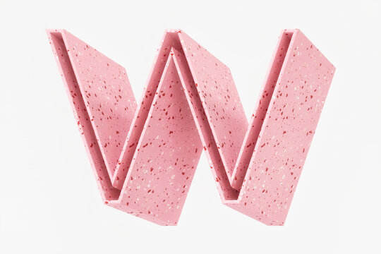 3D candy style letter W with isometric perspective. Soft pink terrazzo stone pattern. High quality 3d rendering.