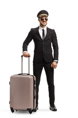 Sticker - Full length portrait of a man in a suit and tie with sunglasses and a cap carrying a suitcase