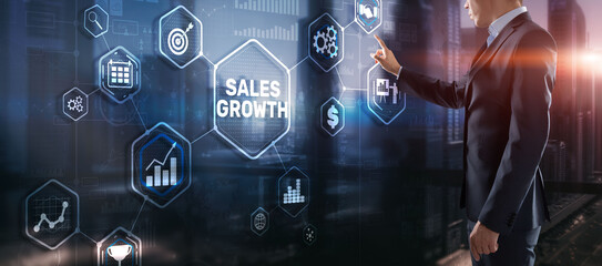 Poster - Sales Growth Man clicks inscription on virtual 3D screen