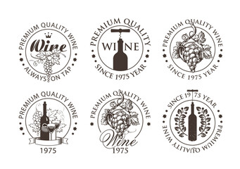 Wall Mural - Set of black and white emblems, labels, badges, round-shaped stickers for a wine store or winery. Vector wine logos with hand-drawn bunches of grapes and bottles with corkscrews in retro style